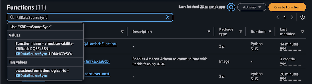 AWS Lambda console displaying filtered functions with CloudFormation tags, Python runtime versions, and modification timestamps