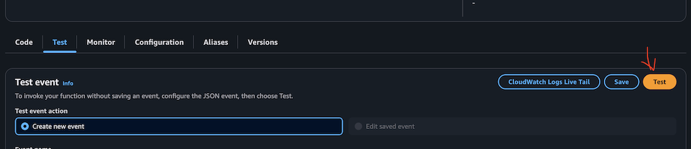 AWS Lambda console test configuration panel with CloudWatch integration and event creation controls