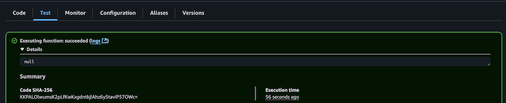 AWS Lambda successful function execution result with null output