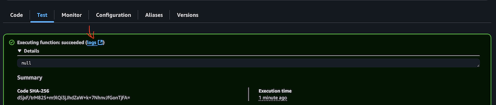 AWS Lambda function execution success message with null response and SHA-256 code
