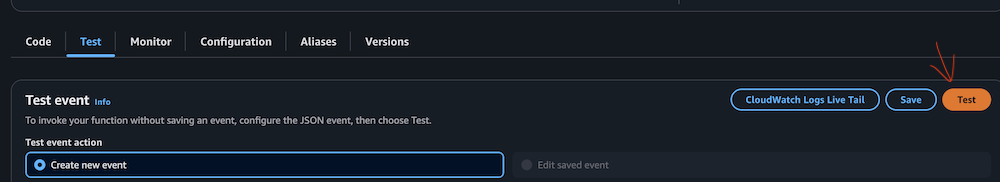 AWS Lambda test interface showing Test event configuration options and action buttons