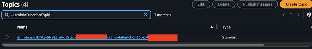 AWS SNS Topics console showing filtered search results for "LambdaFunctionTopic"