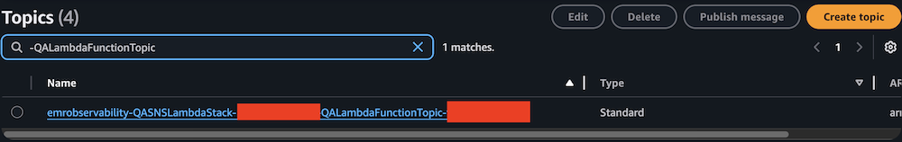 AWS SNS Topics console showing filtered search results for "QALambdaFunctionTopic"