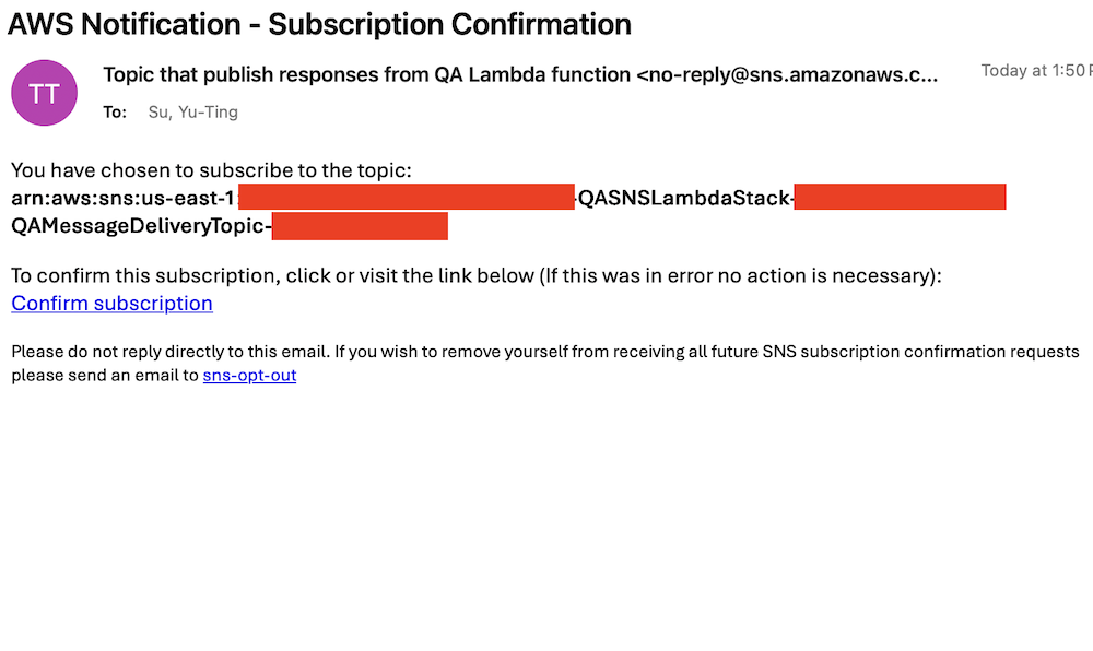 AWS email confirmation for SNS topic subscription to QA Lambda function responses with opt-out instructions