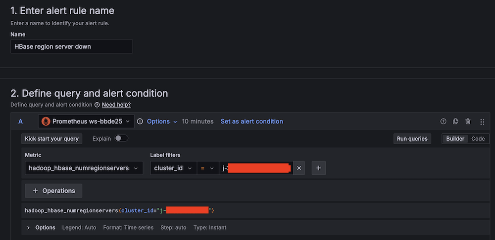 Alert rule configuration interface for HBase region server monitoring