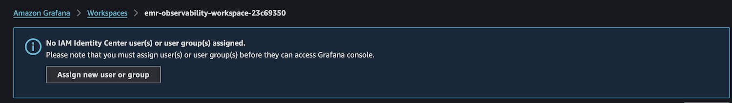 Amazon Grafana workspace showing IAM configuration notice and user assignment button