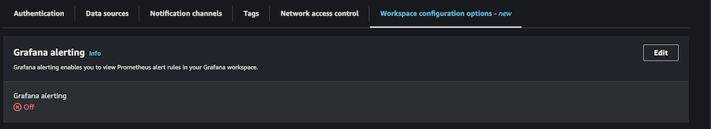Amazon Grafana alerting configuration panel showing disabled status with navigation tabs and edit button