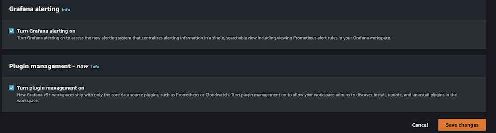 Amazon Grafana configuration panel showing enabled alerting and plugin management settings