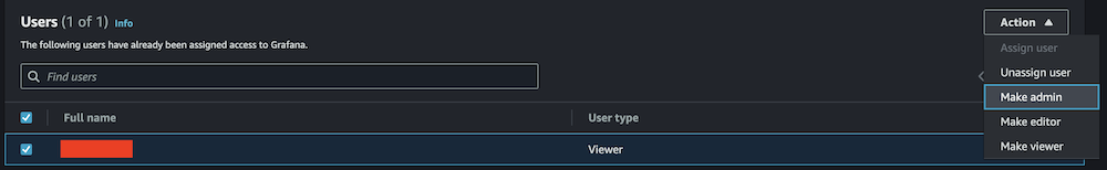 Amazon Grafana user list showing assigned viewer with admin action options