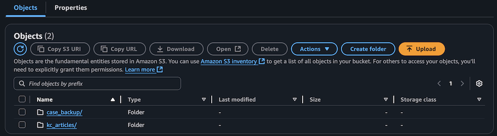 Amazon S3 bucket interface showing two folders with action buttons and search functionality
