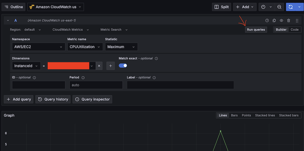 Amazon Managed Gragana interface showing CPU utilization query setup for EC2 instance.