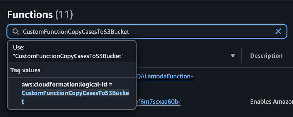 Lambda function interface displaying CustomFunctionCopyCasesToS3Bucket configuration with CloudFormation ID and description panel