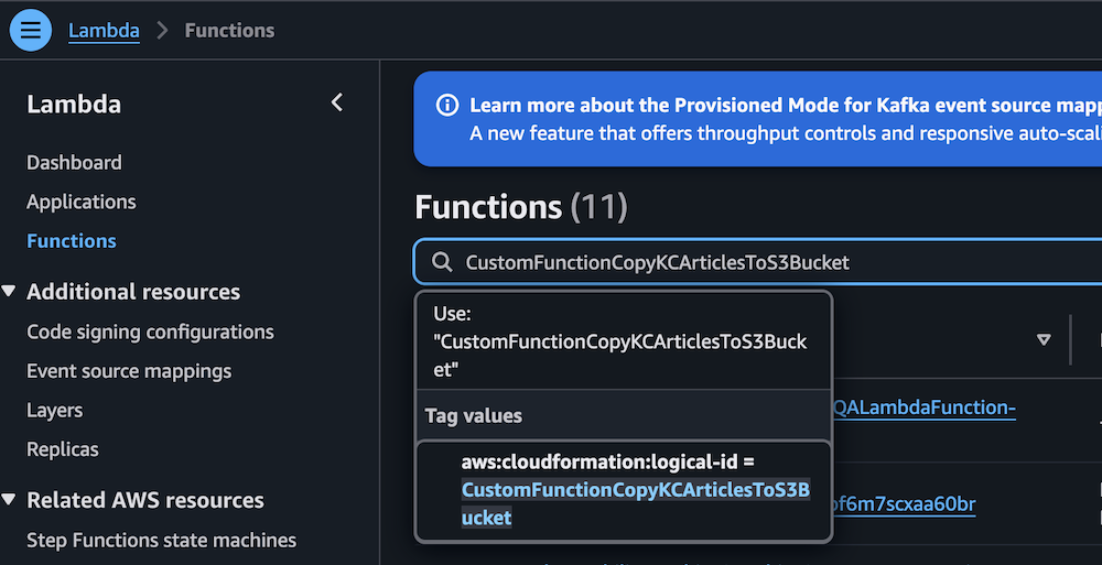 AWS Lambda console displaying Functions page with CustomFunctionCopyKCArticlesToS3Bucket function details