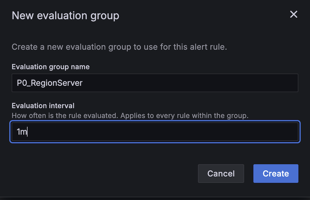 New evaluation group creation modal showing P0_RegionServer name input and 1m interval setting