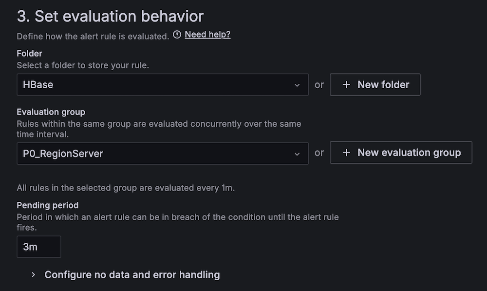 HBase alert configuration panel showing P0_RegionServer group and 3m pending period