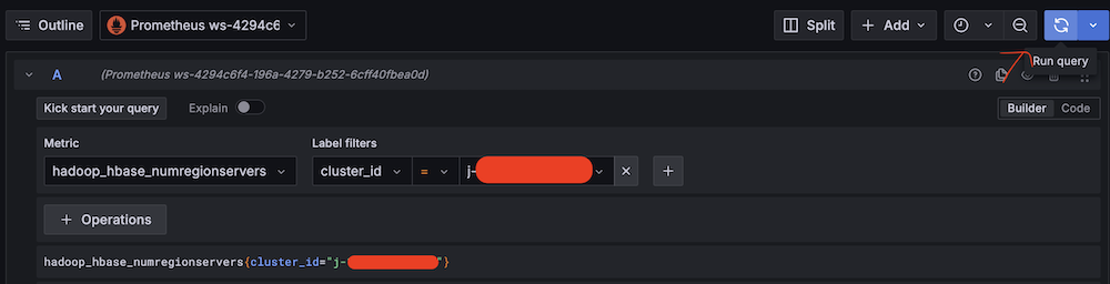 Amazon Managed Grafana query interface showing Hadoop HBase metric configuration.