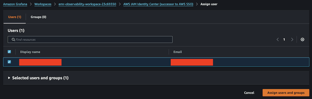 Amazon Grafana IAM Identity Center user assignment panel with search and selection controls