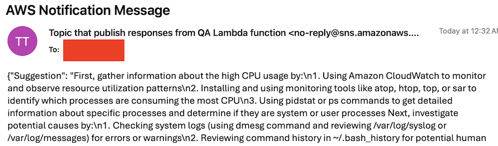 AWS SNS notification email showing troubleshooting steps for high CPU usage