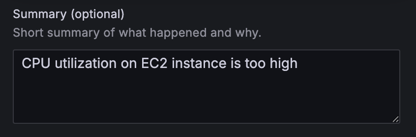 Alert configuration summary field with "CPU utilization on EC2 instance is too high" warning message