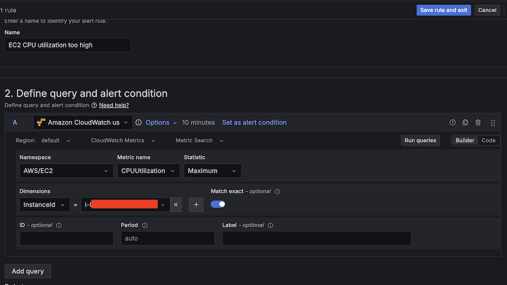 Amazon CloudWatch query interface for setting up EC2 CPU utilization alert conditions