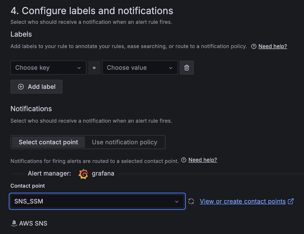 Amazon Managed Grafana alert configuration interface showing labels and notifications setup with AWS SNS integration