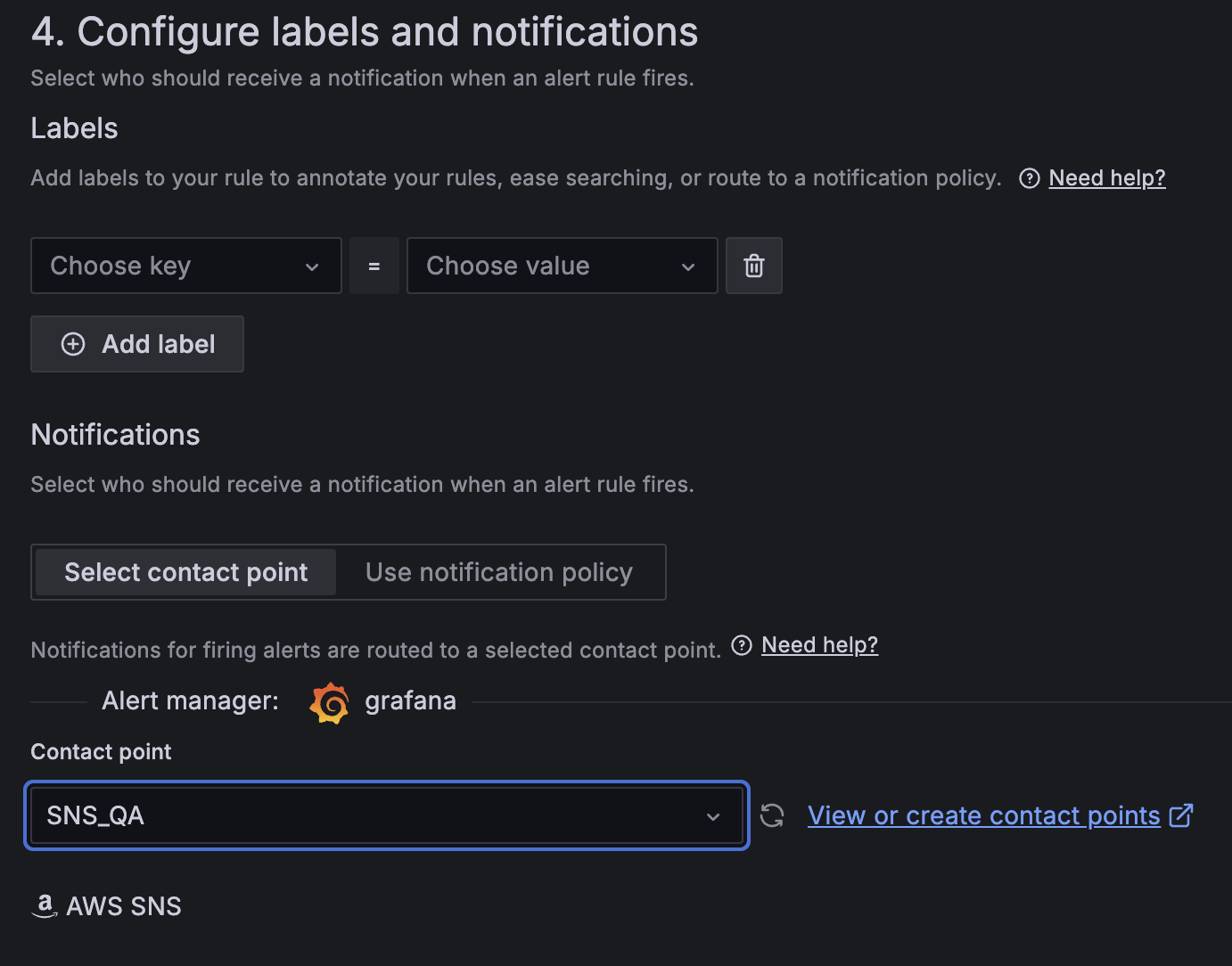 Amazon Managed Grafana alert configuration showing customizable labels, contact point selection for SNS_QA integration