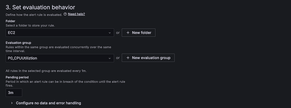 AWS Managed Grafana alert rule configuration screen showing evaluation behavior settings