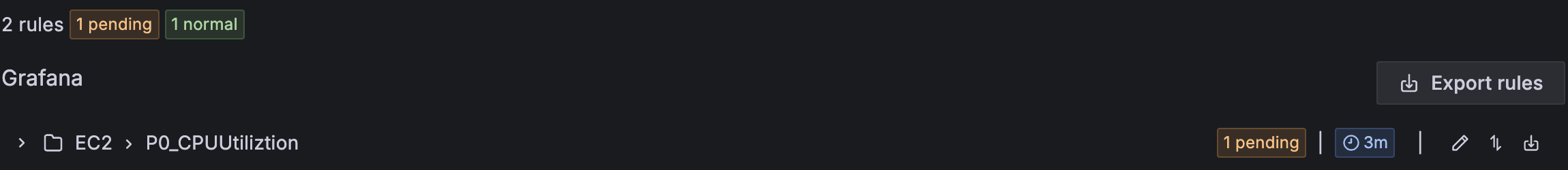 Amazon Managed Grafana dashboard header showing rules status