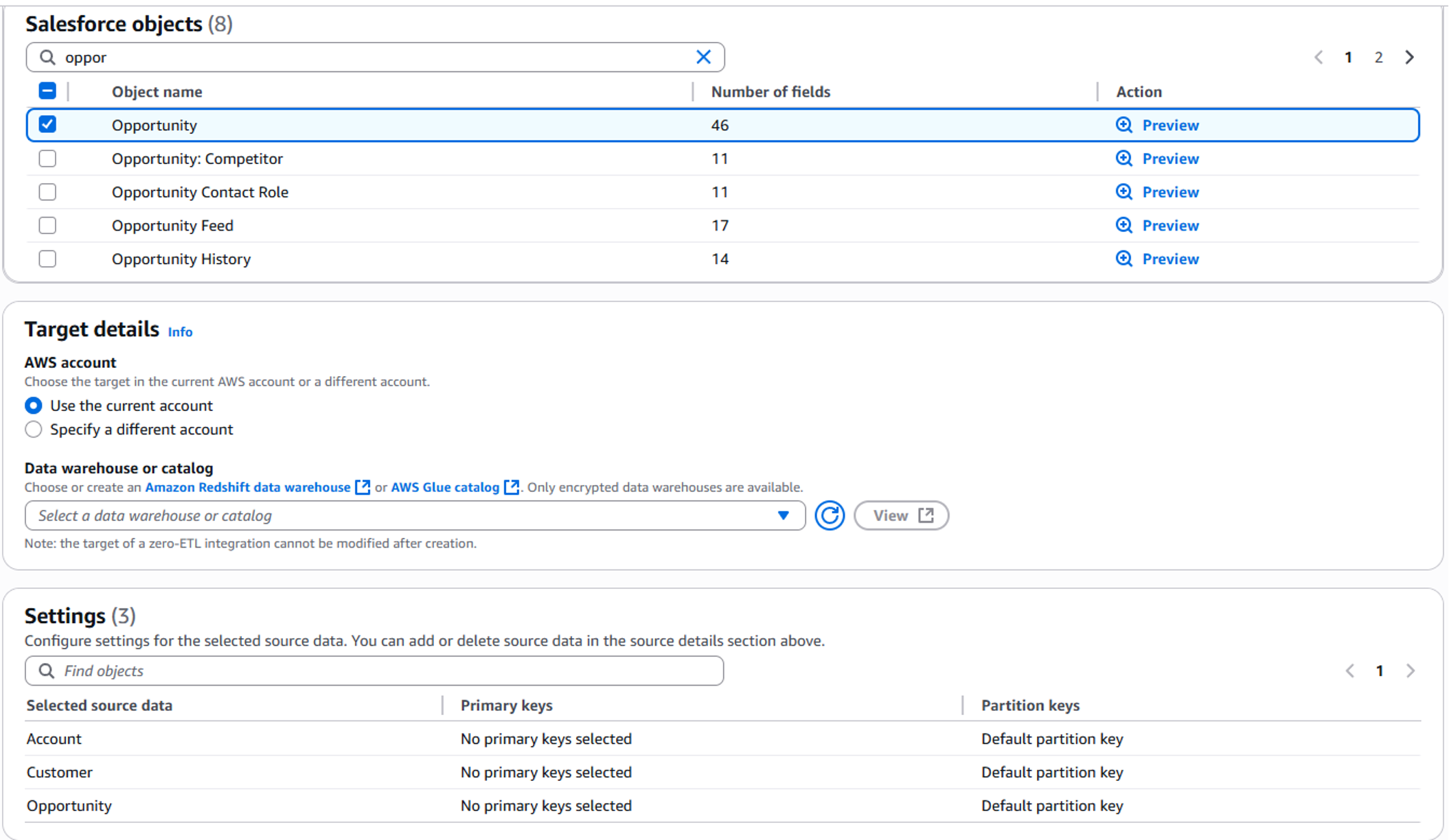 Salesforce objects for zero-ETL