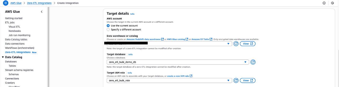 AWS Glue Zero-ETL target configuration interface with data warehouse selection