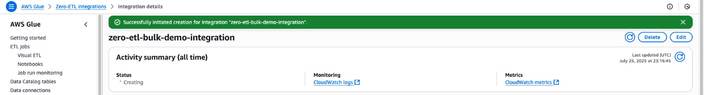 AWS Glue Zero-ETL integration dashboard displaying successful creation confirmation and monitoring status