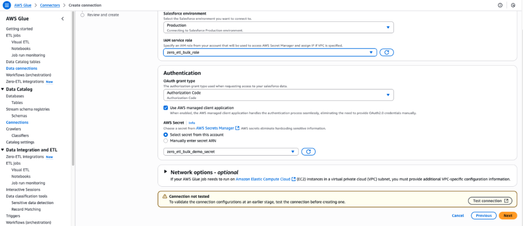 AWS Glue data connection interface for configuring Salesforce integration with security credentials