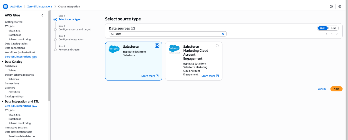 AWS Glue integration wizard displaying Salesforce data source options with four-step configuration process