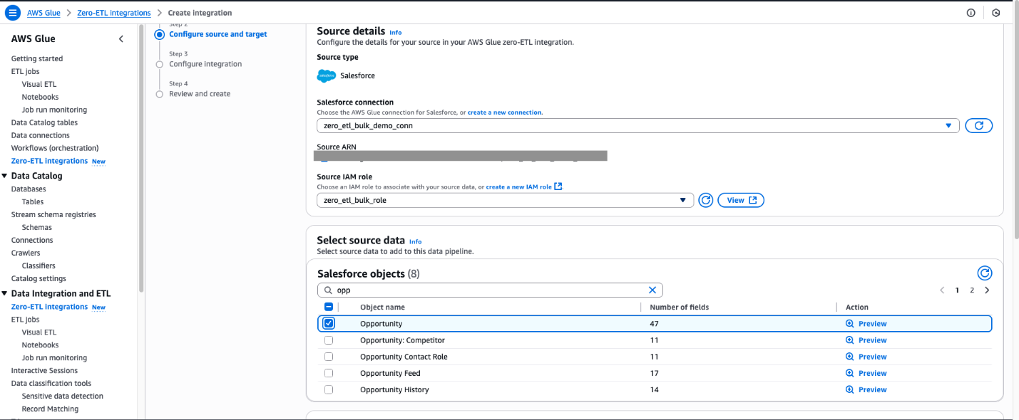 AWS Glue Zero-ETL configuration interface displaying Salesforce connection settings and opportunity objects selection