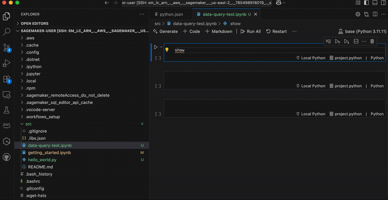 Graphic showing how to use code snippets in local VS Code to query data resources in SageMaker Unified Studio