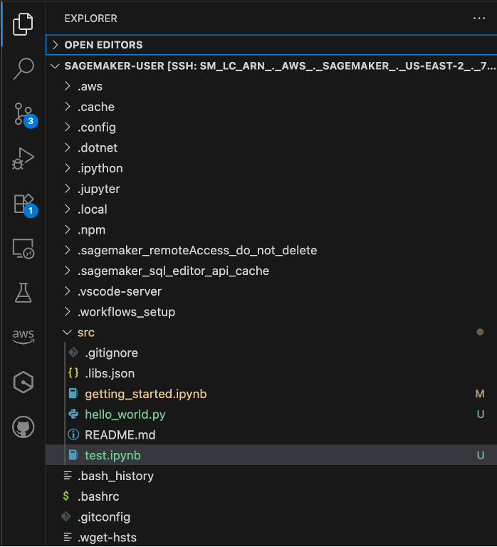 Explorer in local VS Code after remote SSH connection showing connectivity to SageMaker Unified Studio space