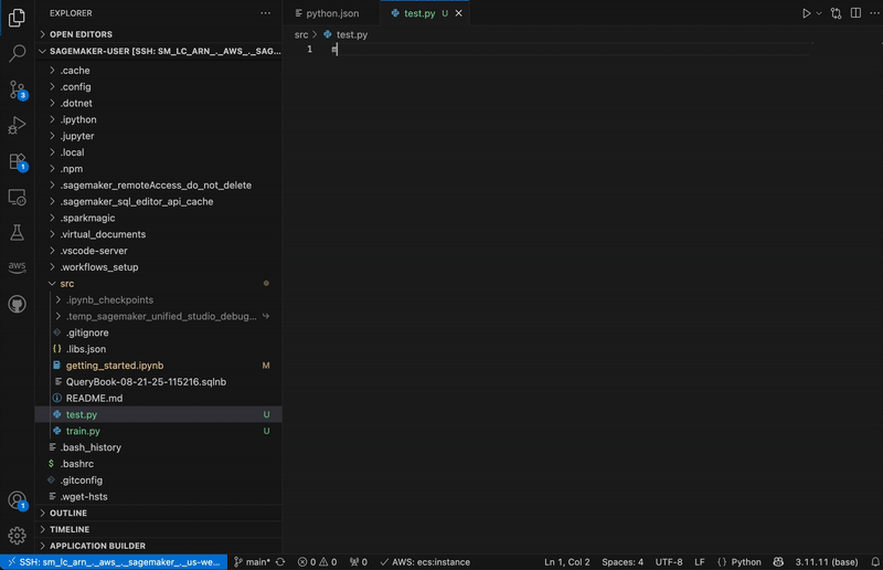 Graphic showing how to do data processing and train a SageMaker AI job remotely in VS Code using code snippets