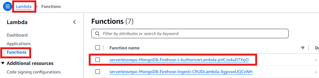 Search for the MongoDB Firehose Authorizer Lambda Function