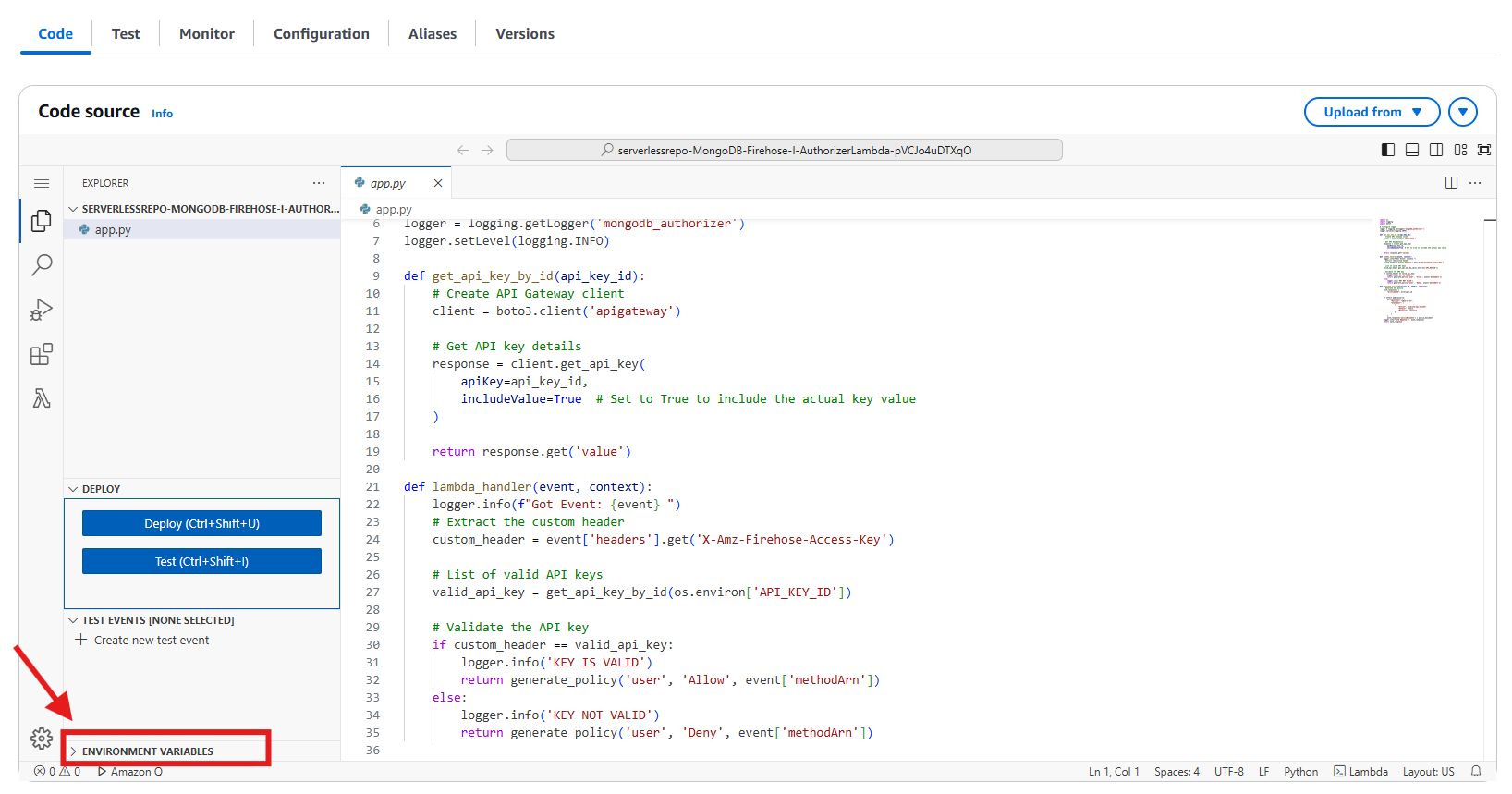 This Figure shows how to edit environmental variables for the lambda function