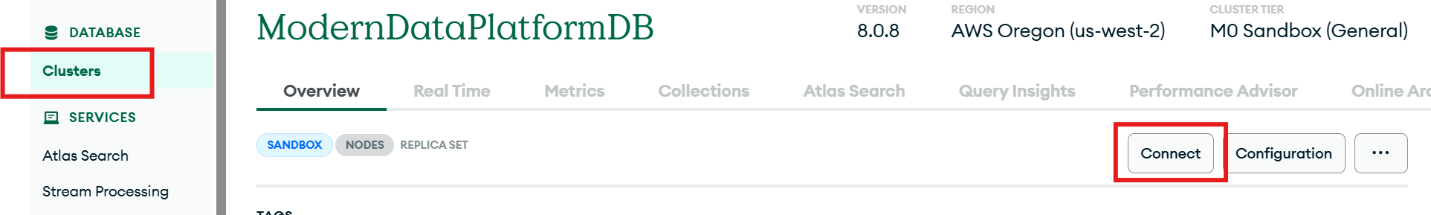 Figure 2: Connecting to MongoDB Atlas DatabaseCopy the connection string by clicking on the copy button.