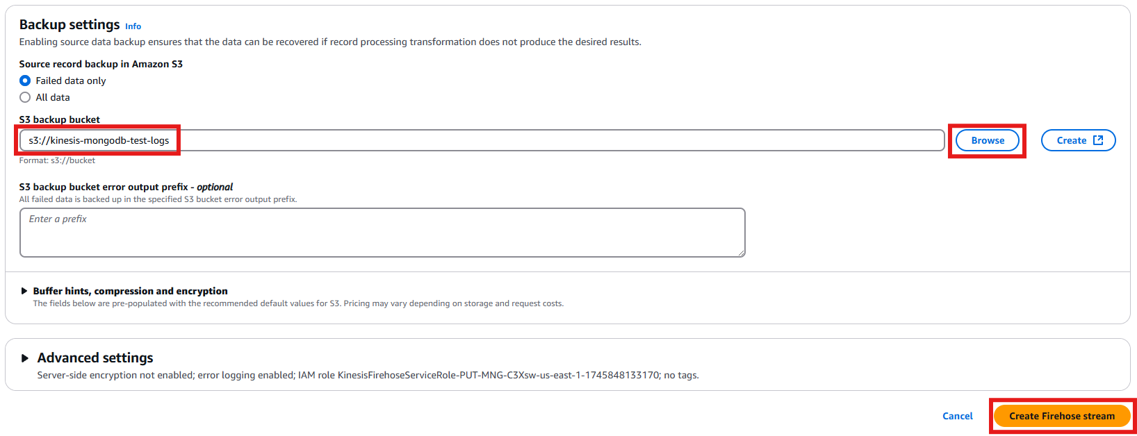 Select the S3 Bucket for backup when firehose is unable to deliver data to final destination.
