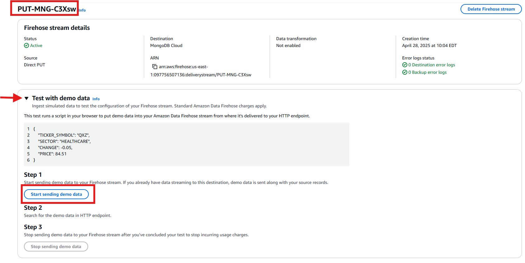 Figure 21: Sending Test Data from Amazon Data Firehose to MongoDB Atlas Database