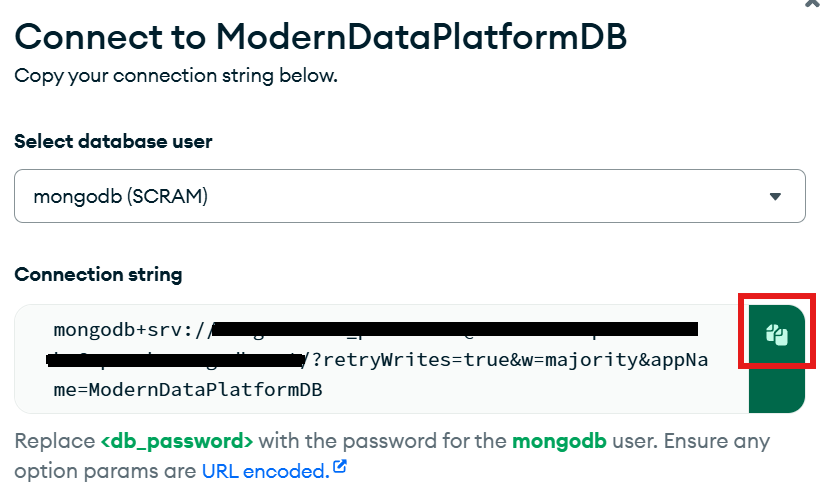 Shows how to copy MongoDB Connection string to connect to the MongoDB Atlas database.