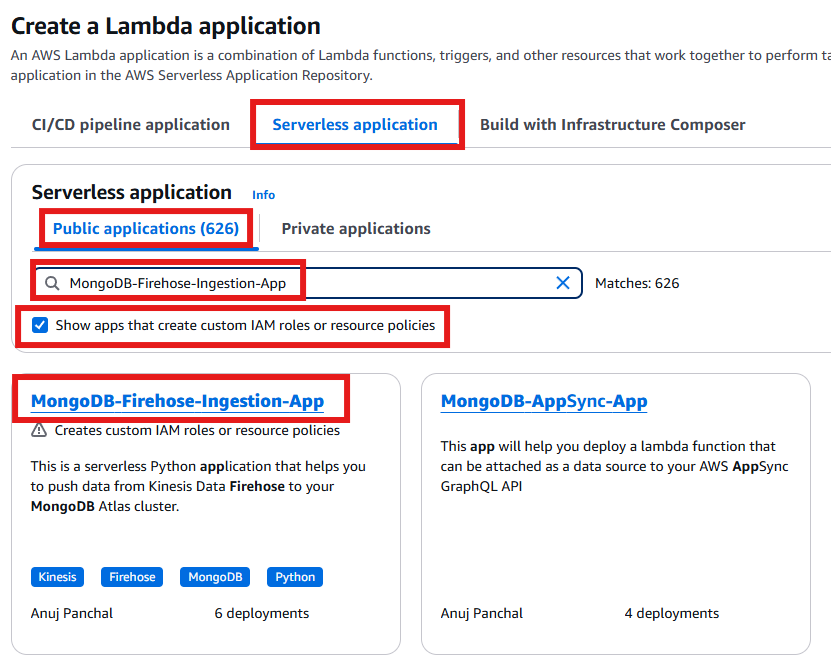 Selecting MongoDB Firehose Ingestion App