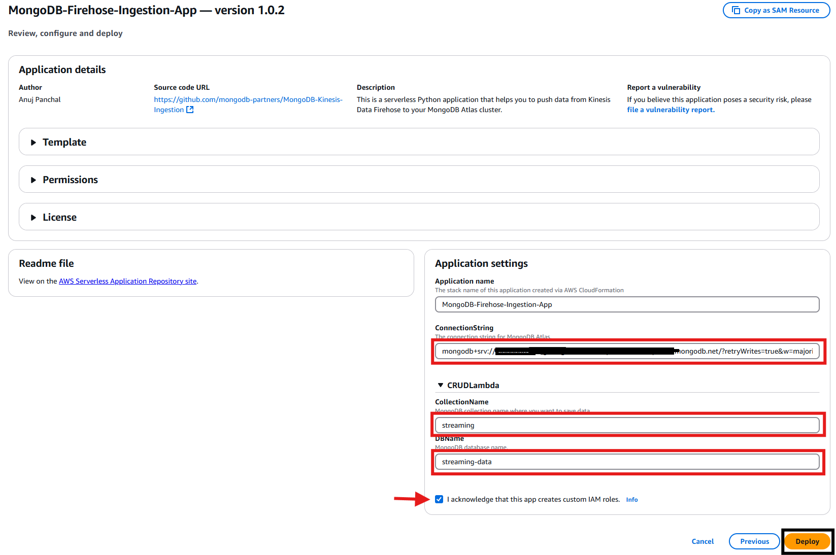 Update the MongoDB connection string, database and collection name