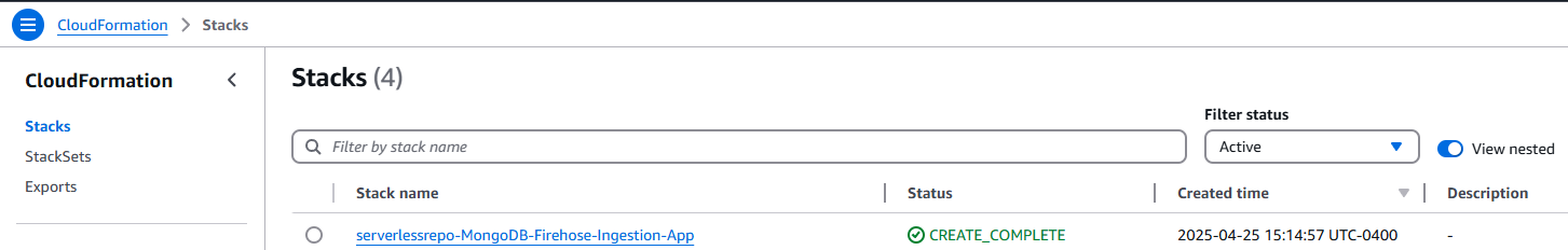 Check the deployed MongoDB Firehose Ingestion App stack in the CloudFormation