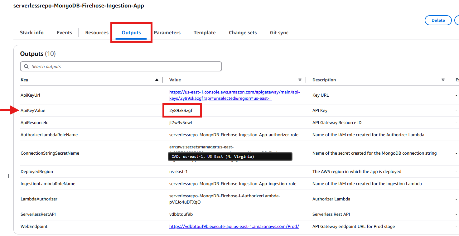 From the Stack Outputs section copy ApiKeyValue
