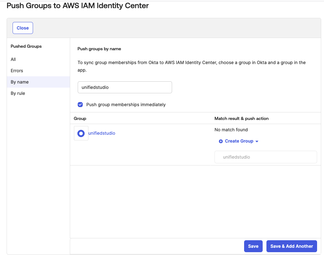 Screenshot of Okta push groups settings showing unifiedstudio group configuration