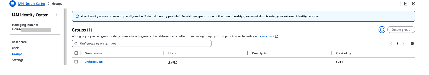Screenshot of AWS IAM Identity Center showing Okta users and groups synchronized from external identity provider