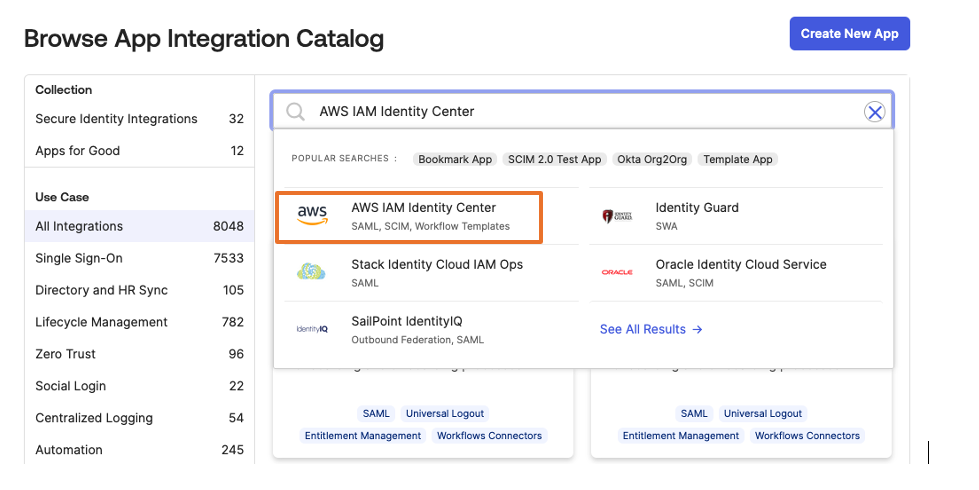 Screenshot of Okta application catalog showing AWS IAM Identity Center app selection